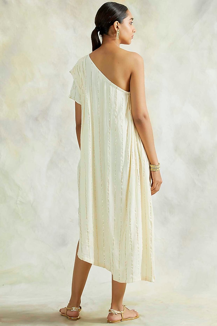 Cream One Shoulder Cowl Summer Dress With Belt by Palak & Mehak at Pernia's Pop Up Shop