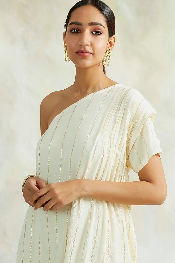 Cream One Shoulder Cowl Summer Dress With Belt by Palak & Mehak at Pernia's Pop Up Shop