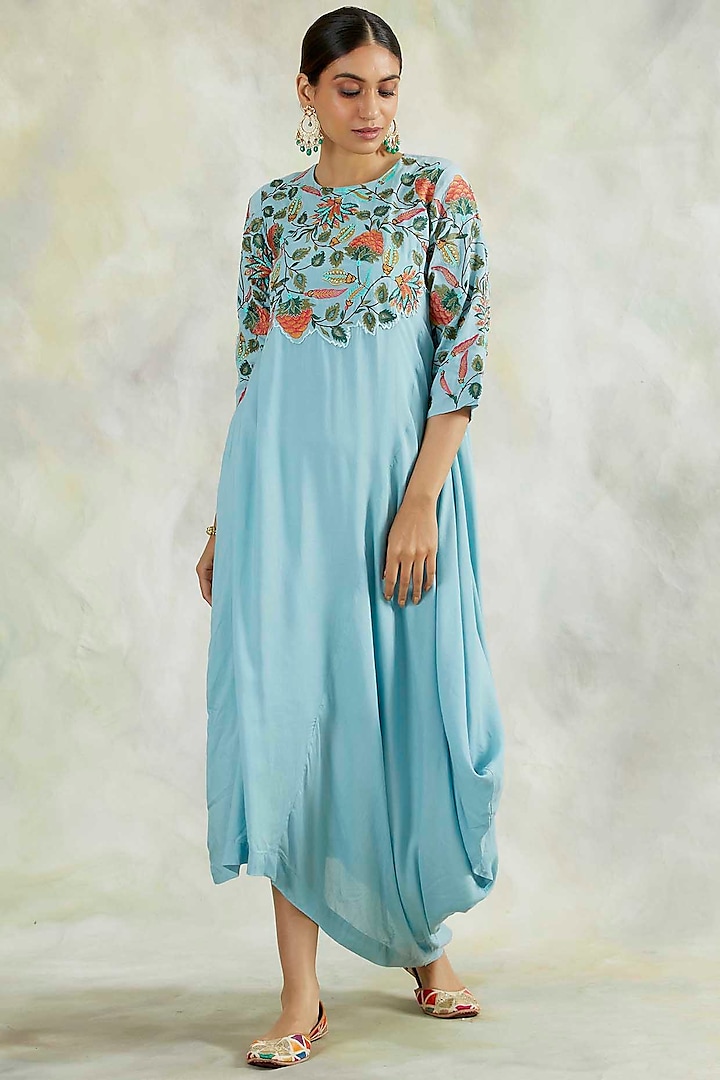 Powder Blue Cowl Dress With Embroidery by Palak & Mehak
