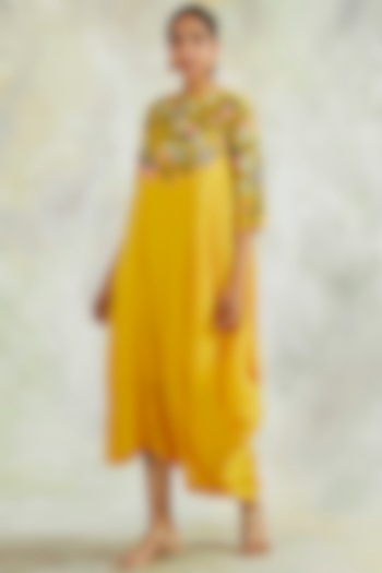 Sunshine Yellow Embroidered Cowl Dress by Palak & Mehak