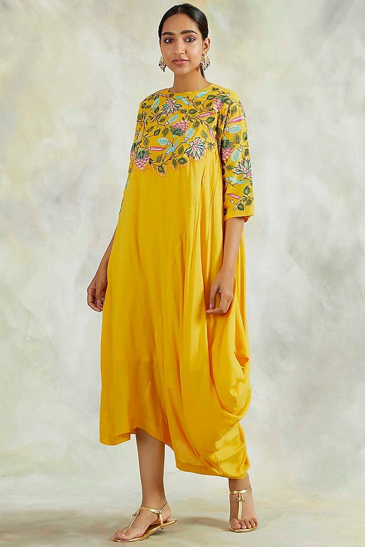 Sunshine Yellow Embroidered Cowl Dress by Palak & Mehak