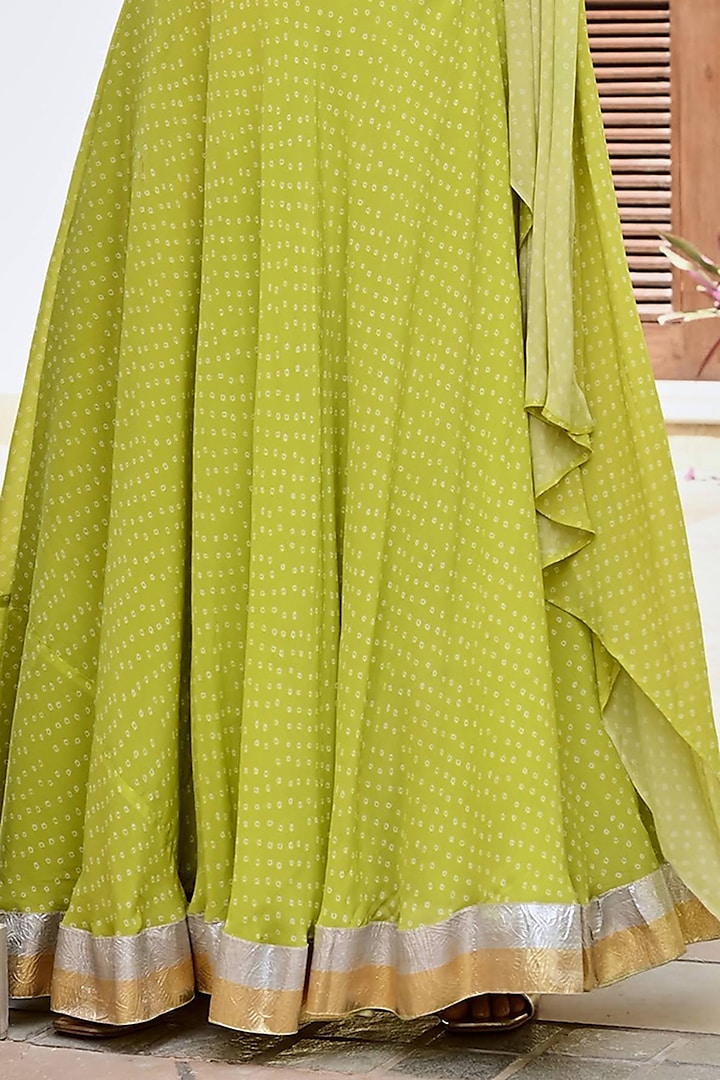 Lime Green Pure Crepe Bandhani Lehenga Set by Palak & Mehak at Pernia's Pop Up Shop