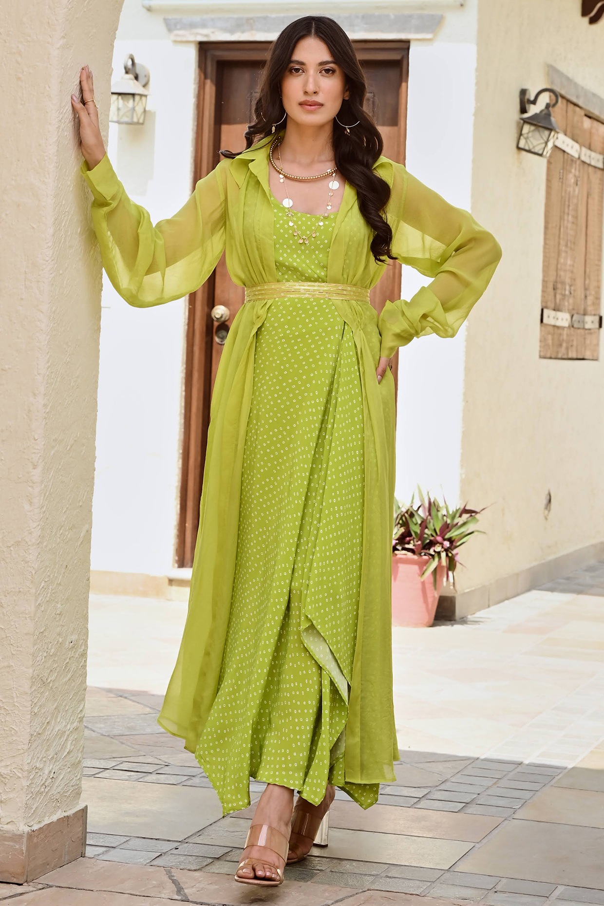 Pista Green Maska Cotton Western Dress With Organza Jacket in Digital Print  in USA, UK, Malaysia, South Africa, Dubai, Singapore