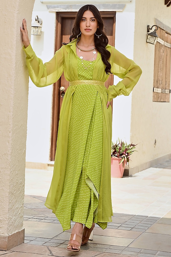 Lime Green Crepe & Organza Jacket Vacation Dress by Palak & Mehak at Pernia's Pop Up Shop