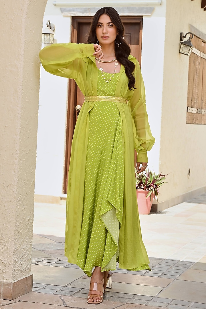 Lime Green Crepe & Organza Jacket Vacation Dress by Palak & Mehak at Pernia's Pop Up Shop