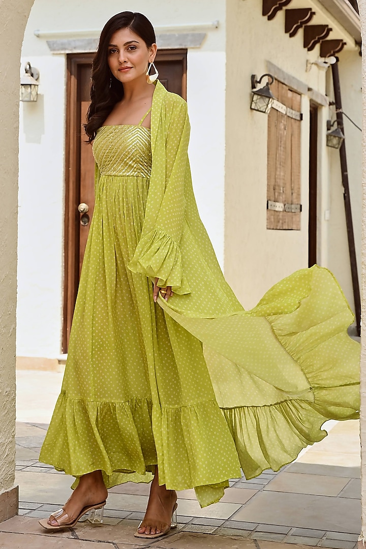 Lime Green Pure Crepe Bandhani Jacket Dress by Palak & Mehak