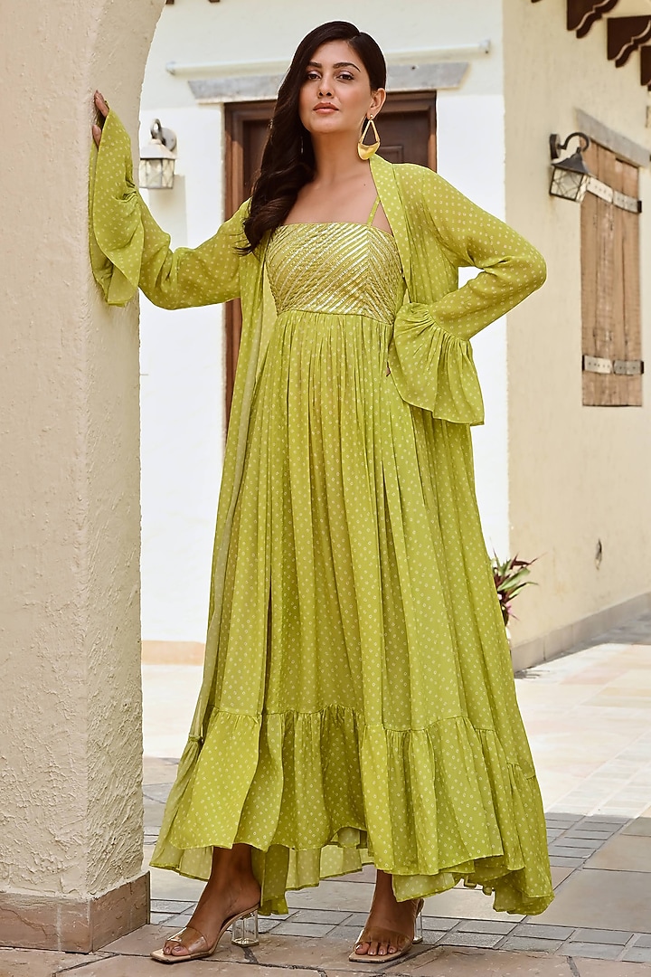 Lime Green Pure Crepe Bandhani Jacket Summer Dress by Palak & Mehak at Pernia's Pop Up Shop