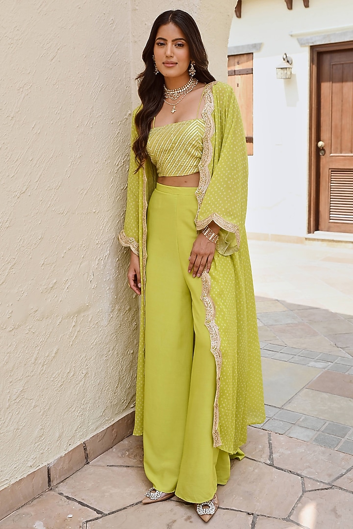 Lime Green Pure Crepe Bandhani Jacket Set by Palak & Mehak at Pernia's Pop Up Shop