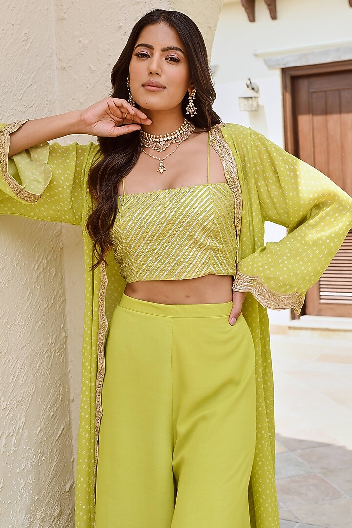 Lime Green Pure Crepe Bandhani Jacket Set by Palak & Mehak at Pernia's Pop Up Shop