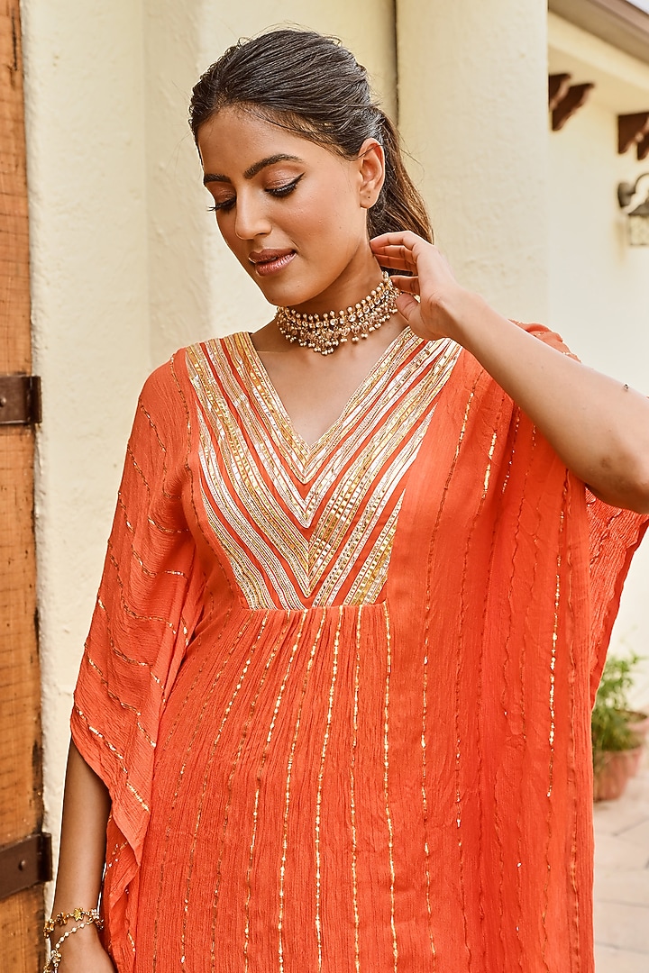 Orange Rayon Crepe Lurex Kaftan Set by Palak & Mehak at Pernia's Pop Up Shop