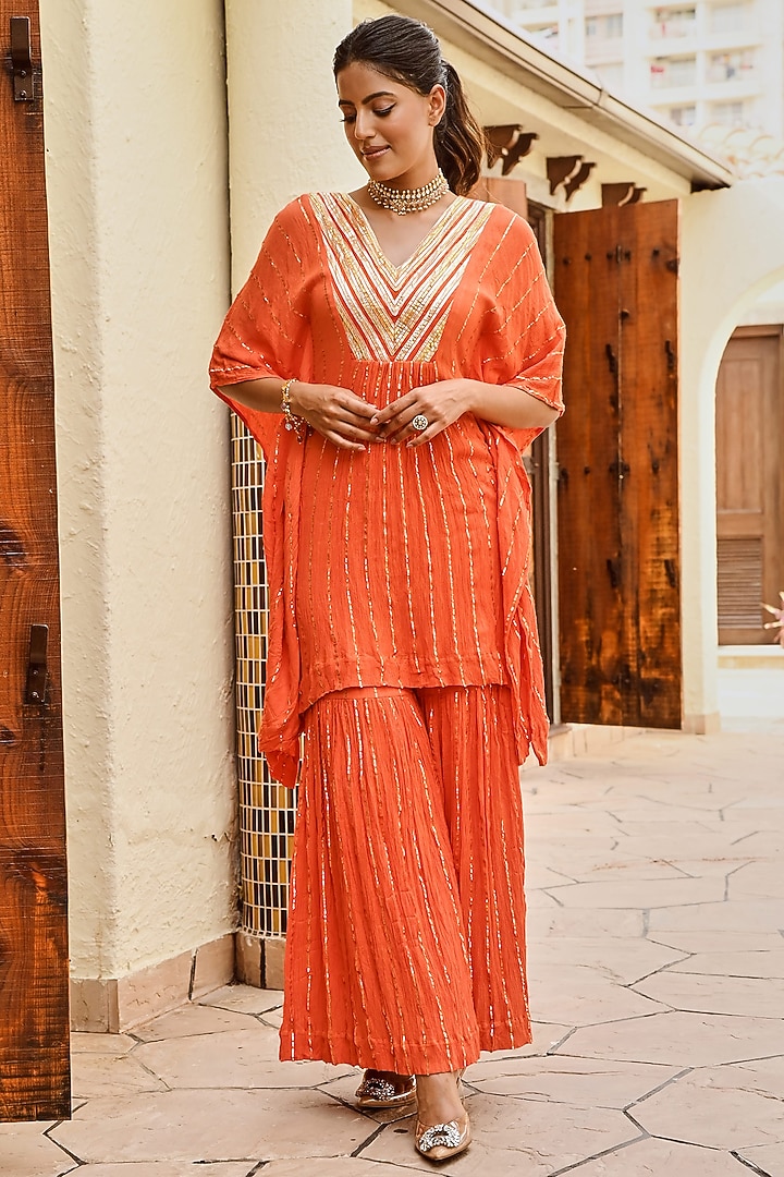 Orange Rayon Crepe Lurex Kaftan Set by Palak & Mehak at Pernia's Pop Up Shop