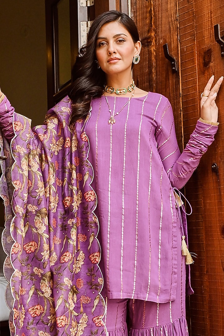 Purple Rayon Crepe Kurta Set by Palak & Mehak at Pernia's Pop Up Shop