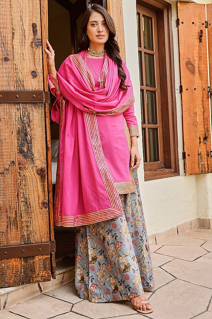Hot Pink Cotton Mulmul Kurta Set by Palak & Mehak