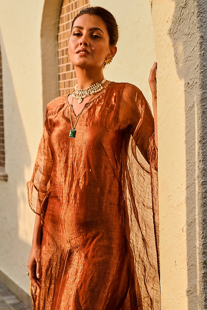 Copper Tissue Kaftan Set by Palak & Mehak at Pernia's Pop Up Shop