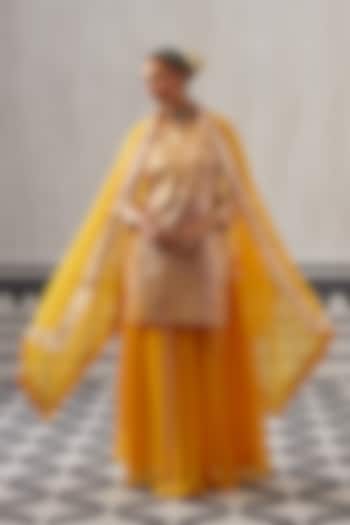 Yellow Mulmul Chanderi Gota Embroidered Kurta Set by Palak & Mehak at Pernia's Pop Up Shop