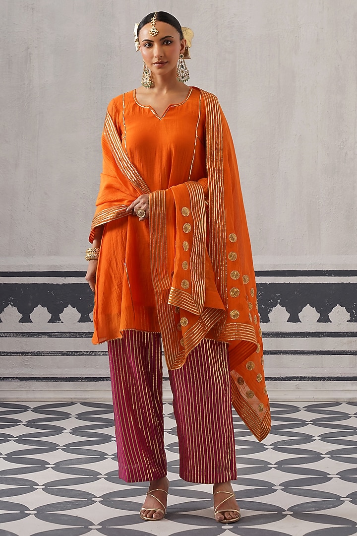 Orange & Rani Pink Mulmul Chanderi Gota Embroidered Kurta Set by Palak & Mehak at Pernia's Pop Up Shop