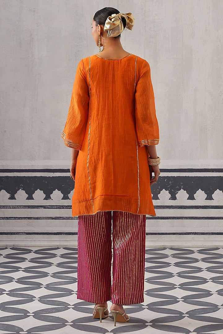 Orange & Rani Pink Mulmul Chanderi Gota Embroidered Kurta Set by Palak & Mehak at Pernia's Pop Up Shop