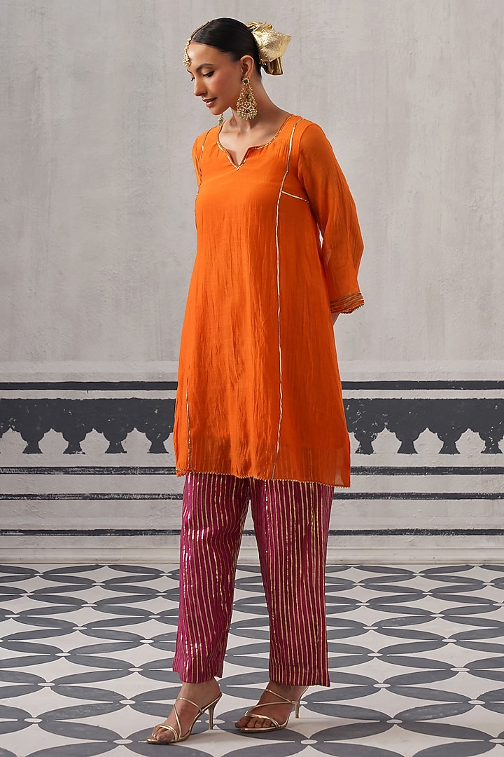 Orange & Rani Pink Mulmul Chanderi Gota Embroidered Kurta Set by Palak & Mehak at Pernia's Pop Up Shop