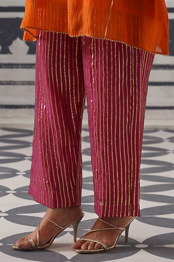 Orange & Rani Pink Mulmul Chanderi Gota Embroidered Kurta Set by Palak & Mehak at Pernia's Pop Up Shop