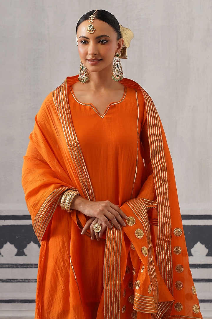 Orange & Rani Pink Mulmul Chanderi Gota Embroidered Kurta Set by Palak & Mehak at Pernia's Pop Up Shop