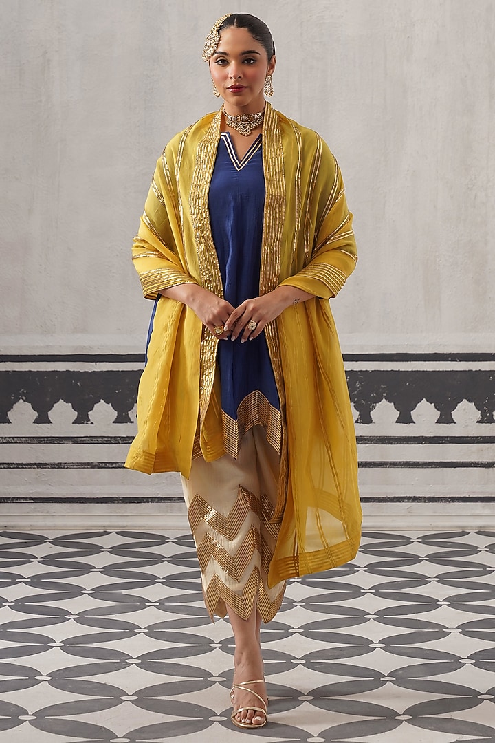 Blue Mulmul Chanderi Gota Embellished Kurta Set by Palak & Mehak at Pernia's Pop Up Shop