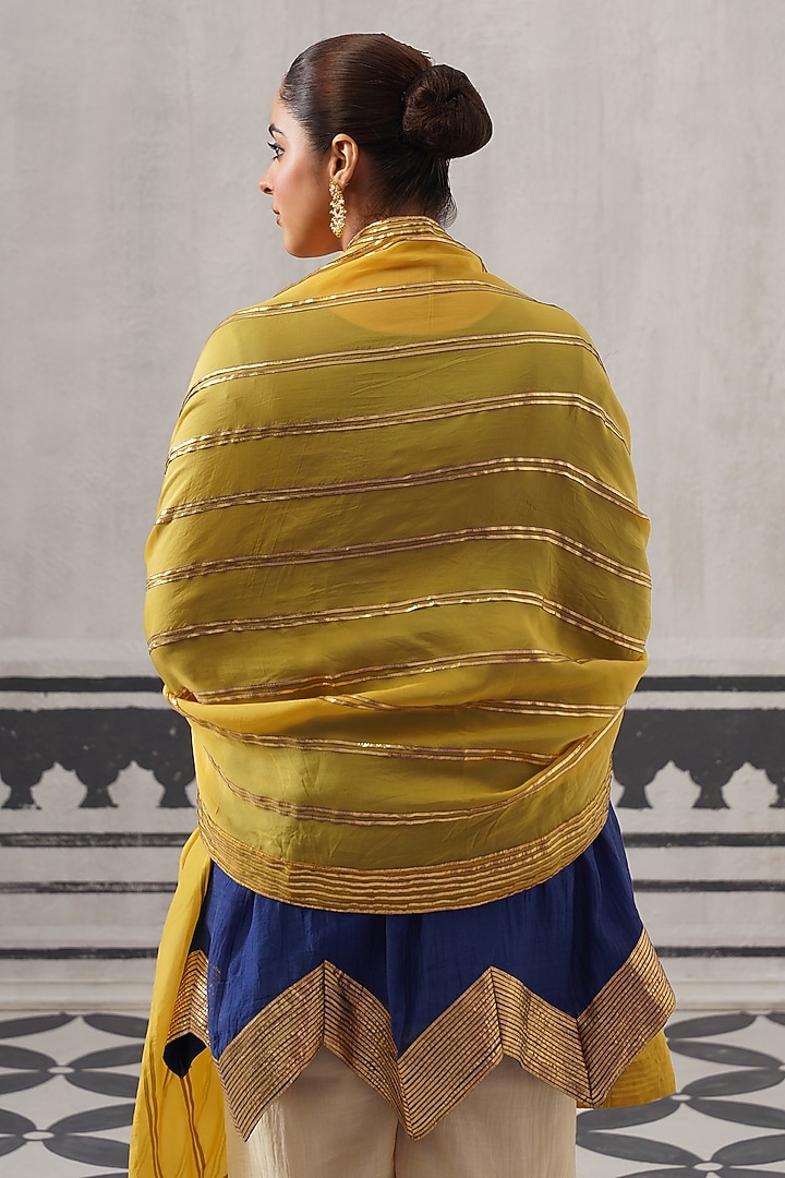 Blue Mulmul Chanderi Gota Embellished Kurta Set by Palak & Mehak at Pernia's Pop Up Shop
