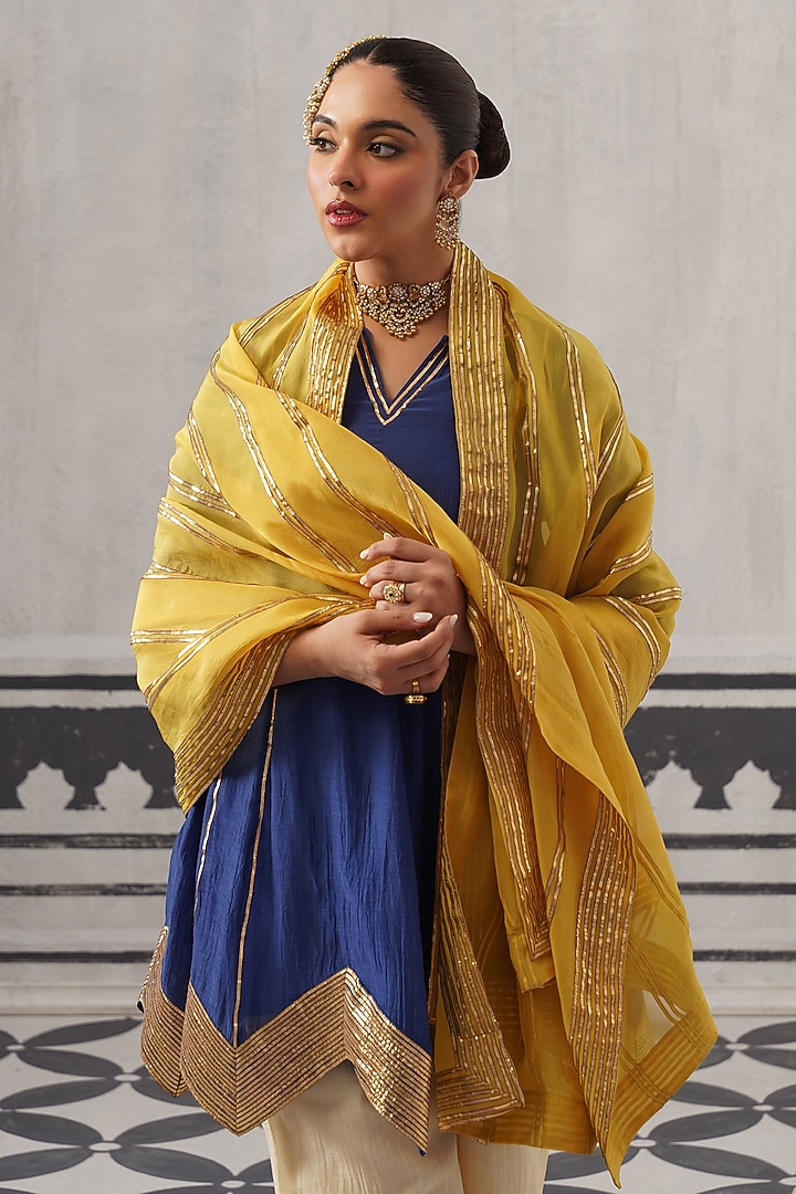 Blue Mulmul Chanderi Gota Embellished Kurta Set by Palak & Mehak at Pernia's Pop Up Shop