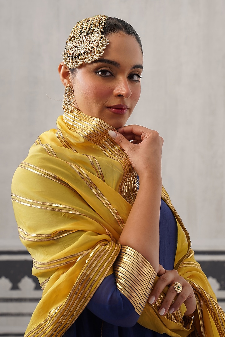 Blue Mulmul Chanderi Gota Embellished Kurta Set by Palak & Mehak at Pernia's Pop Up Shop