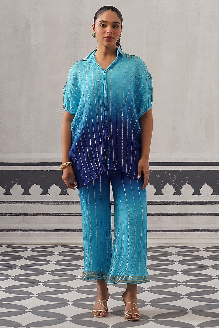 Blue Rayon Lurex Gota Embellished Co-ord Set by Palak & Mehak at Pernia's Pop Up Shop
