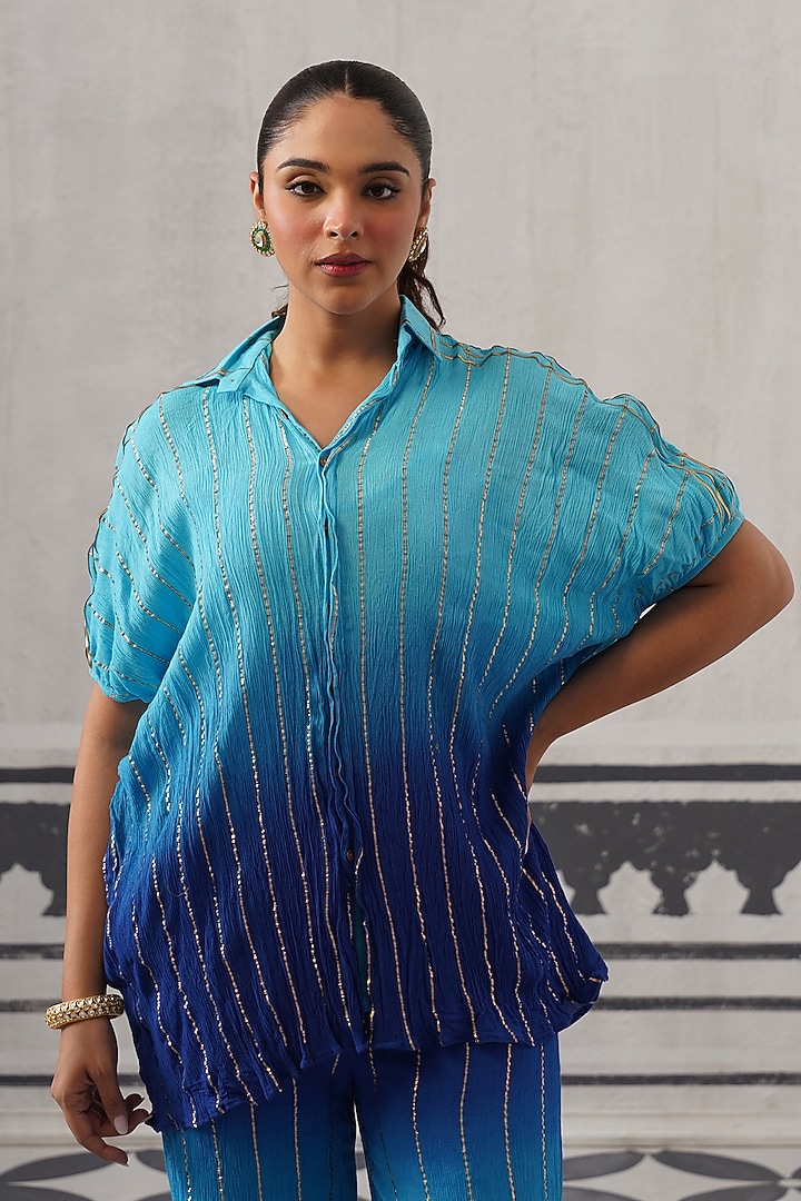 Blue Rayon Lurex Gota Embellished Co-ord Set by Palak & Mehak at Pernia's Pop Up Shop