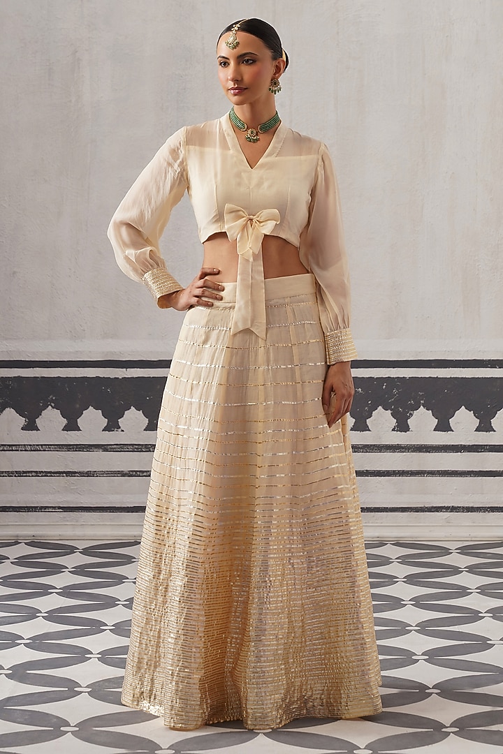 Cream Organza & Chanderi Gota Embellished Lehenga Set by Palak & Mehak at Pernia's Pop Up Shop