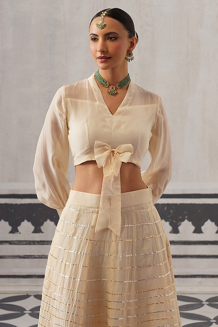 Cream Organza & Chanderi Gota Embellished Lehenga Set by Palak & Mehak at Pernia's Pop Up Shop