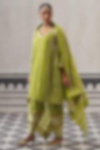 Lime Green Mulmul Chanderi Gota Embellished Kurta Set by Palak & Mehak at Pernia's Pop Up Shop