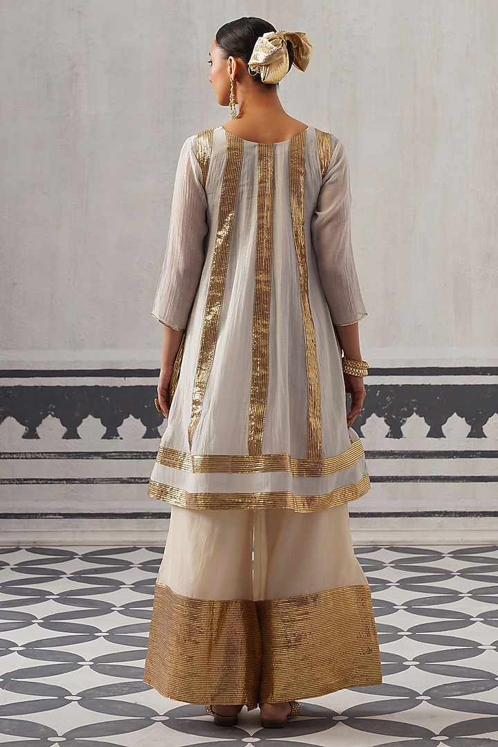 Grey & Light Pink Mulmul Chanderi Gota Embellished Kurta Set by Palak & Mehak at Pernia's Pop Up Shop