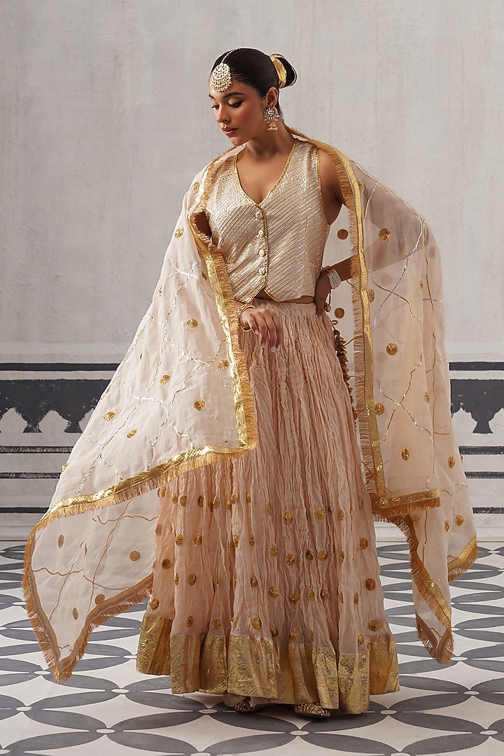 Cream Mulmul Chanderi Gota Embellished Lehenga Set by Palak & Mehak at Pernia's Pop Up Shop