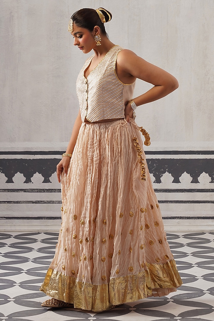 Cream Mulmul Chanderi Gota Embellished Lehenga Set by Palak & Mehak at Pernia's Pop Up Shop