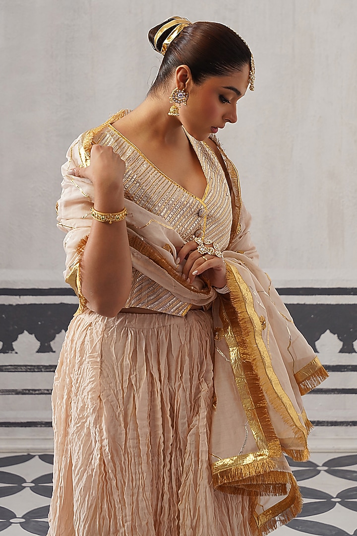 Cream Mulmul Chanderi Gota Embellished Lehenga Set by Palak & Mehak at Pernia's Pop Up Shop