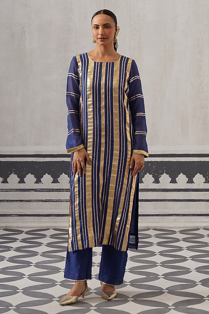 Blue Mulmul Chanderi Gota Embellished Kurta Set by Palak & Mehak at Pernia's Pop Up Shop