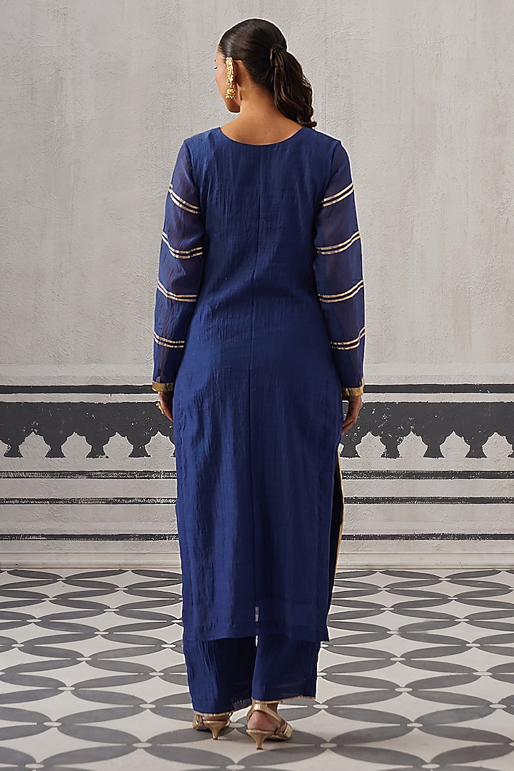 Blue Mulmul Chanderi Gota Embellished Kurta Set by Palak & Mehak at Pernia's Pop Up Shop