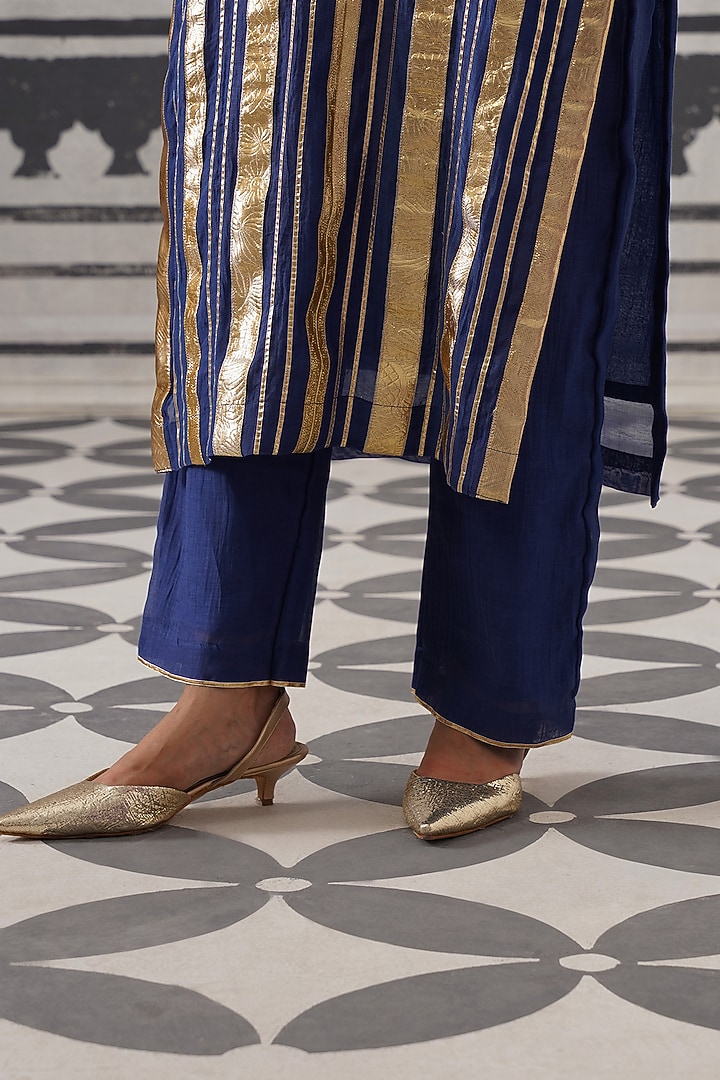 Blue Mulmul Chanderi Gota Embellished Kurta Set by Palak & Mehak at Pernia's Pop Up Shop