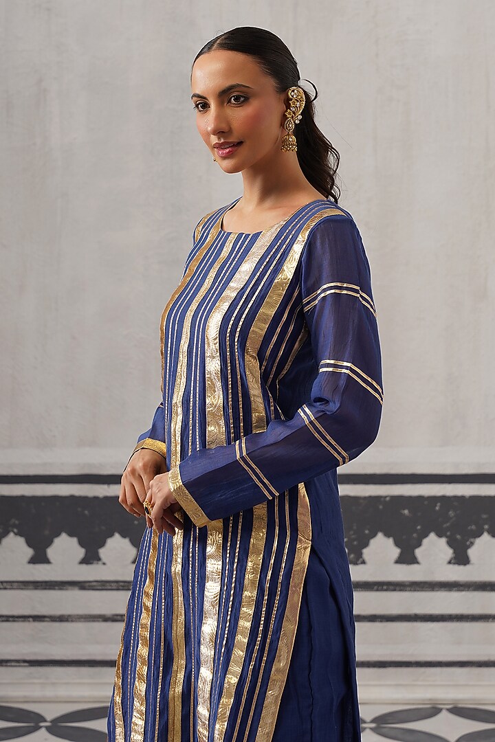 Blue Mulmul Chanderi Gota Embellished Kurta Set by Palak & Mehak at Pernia's Pop Up Shop
