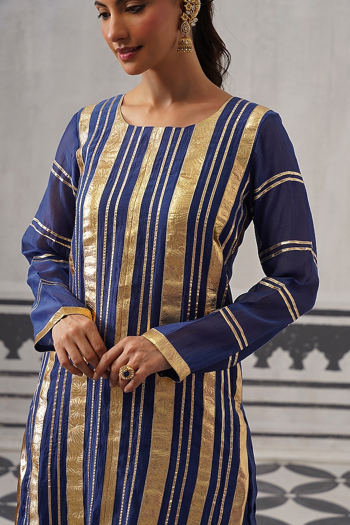 Blue Mulmul Chanderi Gota Embellished Kurta Set by Palak & Mehak at Pernia's Pop Up Shop