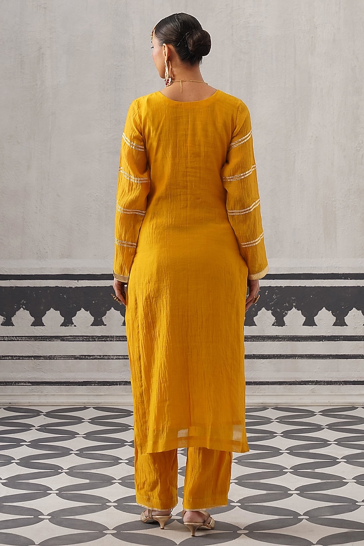 Yellow & Pink Mulmul Chanderi Gota Embellished Kurta Set by Palak & Mehak at Pernia's Pop Up Shop