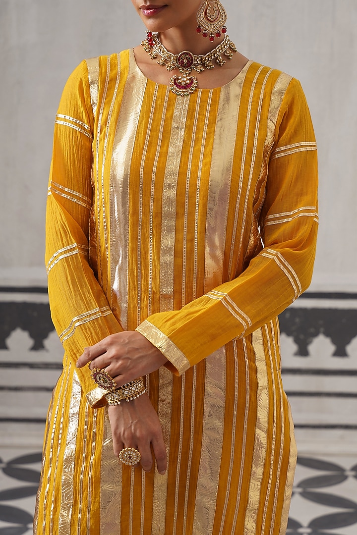 Yellow & Pink Mulmul Chanderi Gota Embellished Kurta Set by Palak & Mehak at Pernia's Pop Up Shop