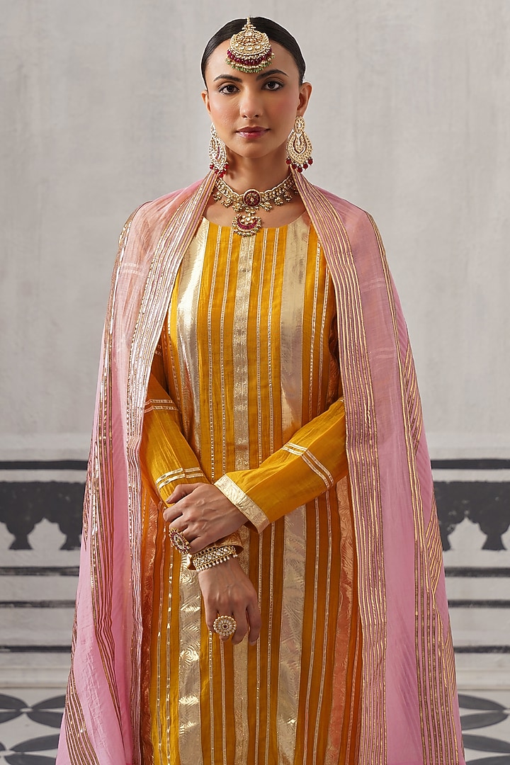 Yellow & Pink Mulmul Chanderi Gota Embellished Kurta Set by Palak & Mehak at Pernia's Pop Up Shop