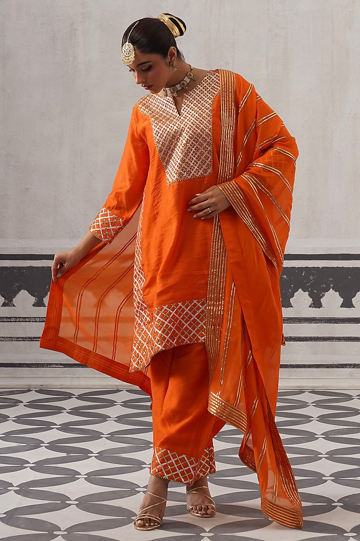 Orange Mulmul Chanderi Gota Embellished Kurta Set by Palak & Mehak at Pernia's Pop Up Shop