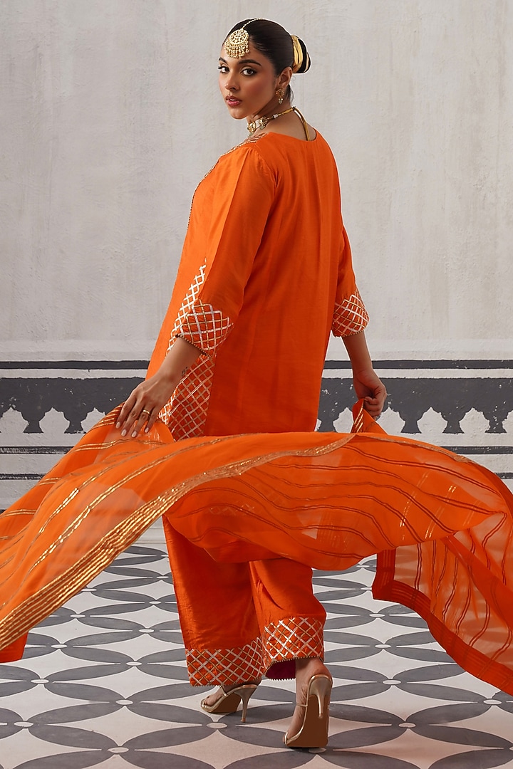 Orange Mulmul Chanderi Gota Embellished Kurta Set by Palak & Mehak at Pernia's Pop Up Shop