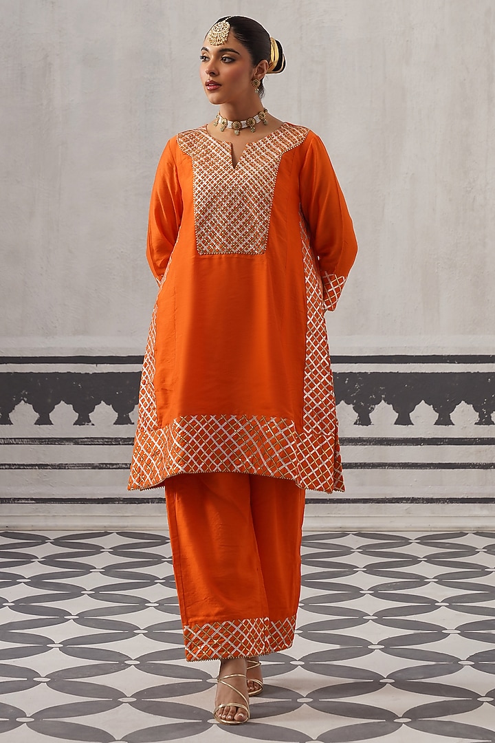 Orange Mulmul Chanderi Gota Embellished Kurta Set by Palak & Mehak at Pernia's Pop Up Shop