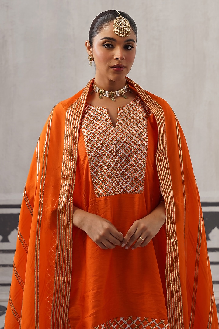 Orange Mulmul Chanderi Gota Embellished Kurta Set by Palak & Mehak at Pernia's Pop Up Shop