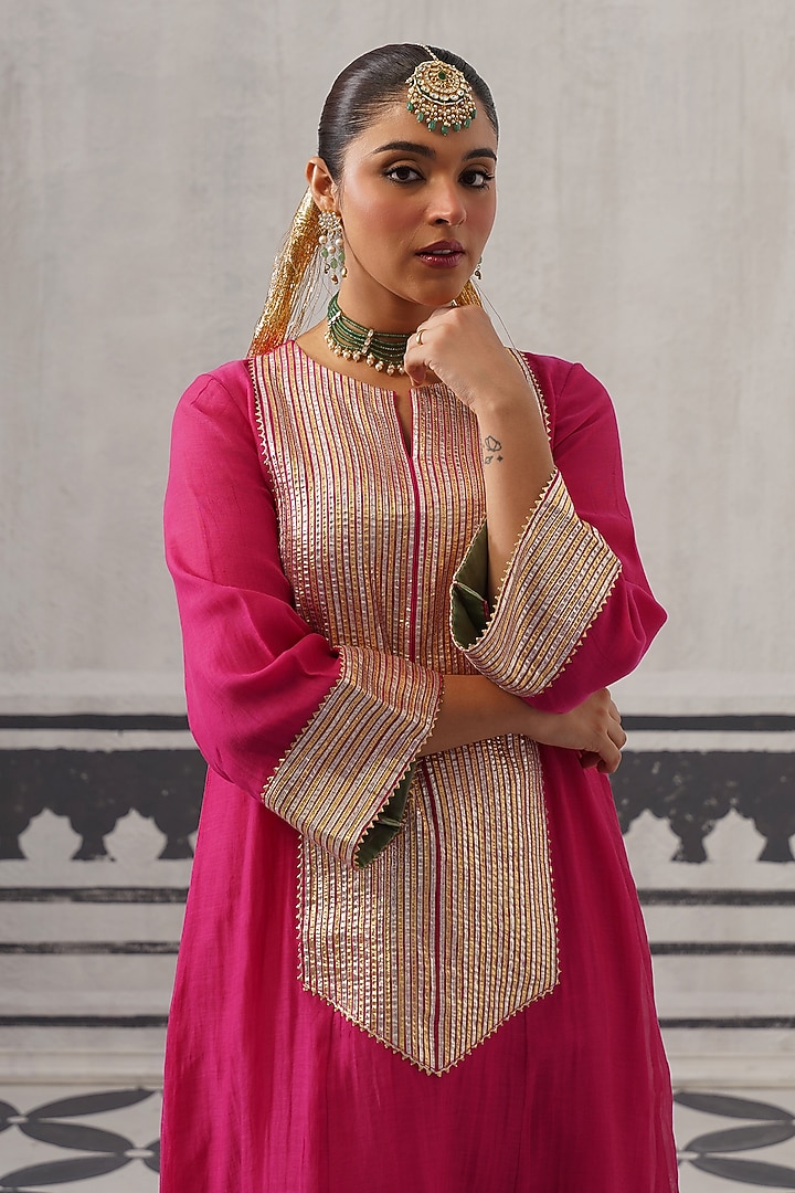 Pink Mulmul Chanderi Gota Embellished Kurta Set by Palak & Mehak at Pernia's Pop Up Shop